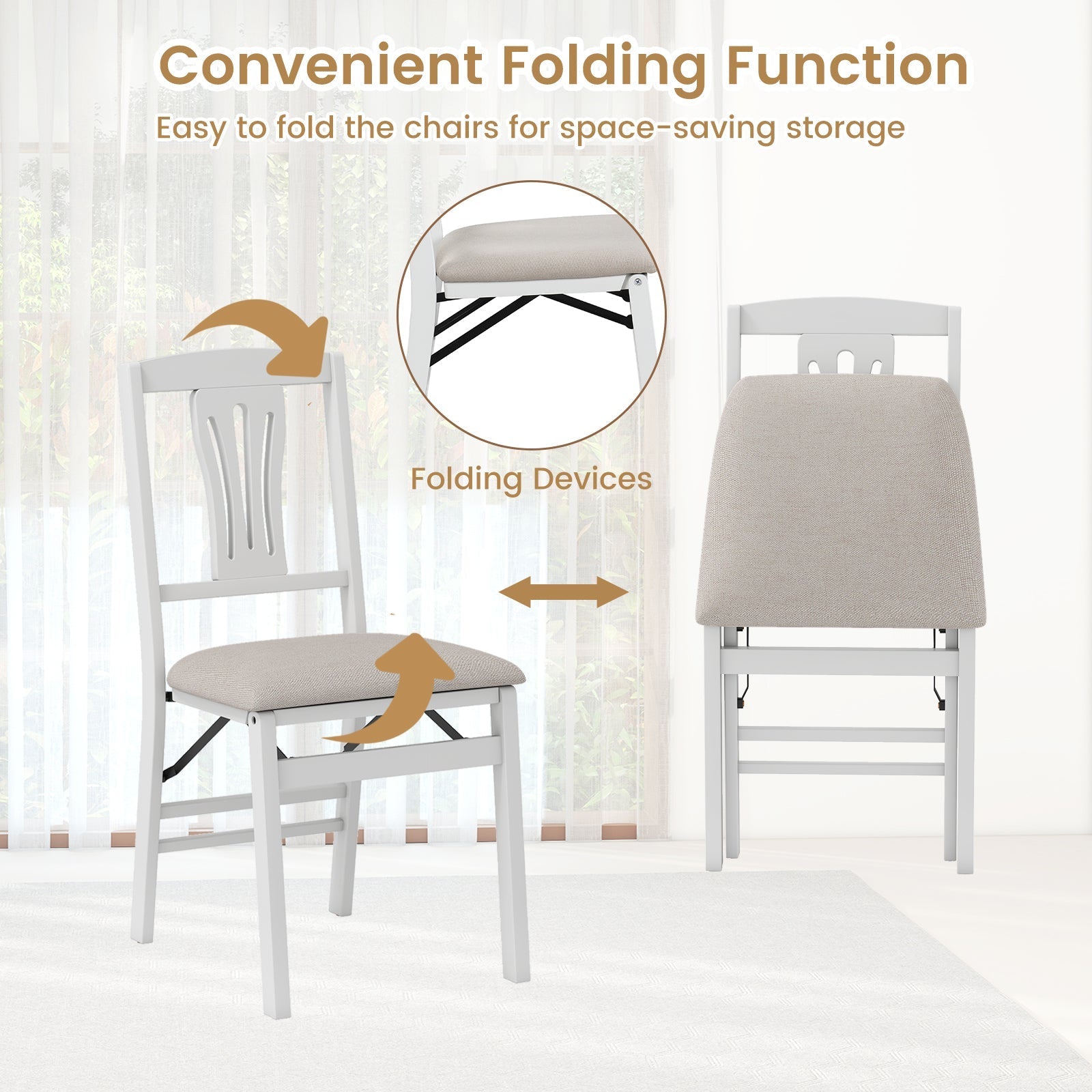 Folding Kitchen Chairs Set of 2 Upholstered Dining Chairs with Comfy Padded Seats-White
