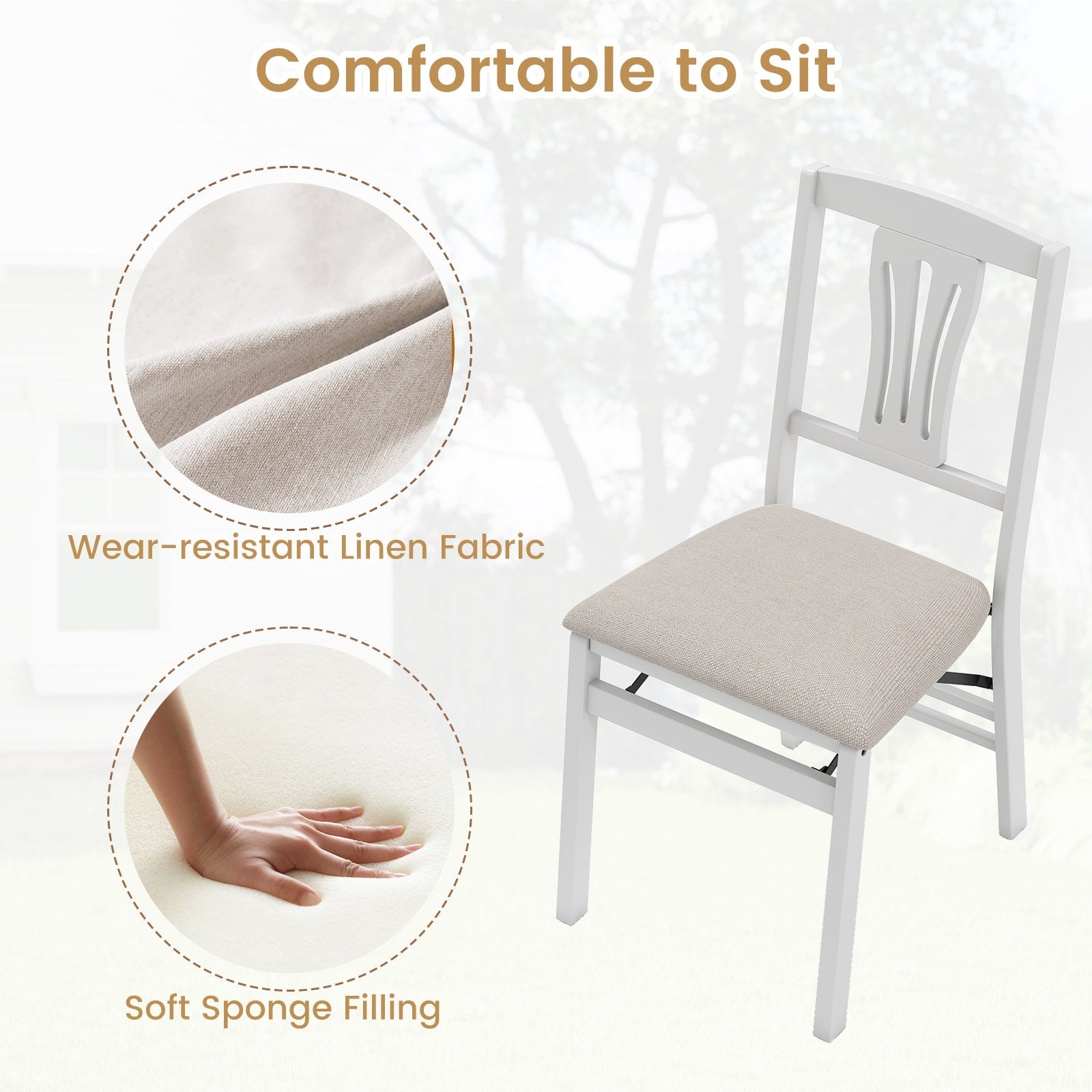 Folding Kitchen Chairs Set of 2 Upholstered Dining Chairs with Comfy Padded Seats-White