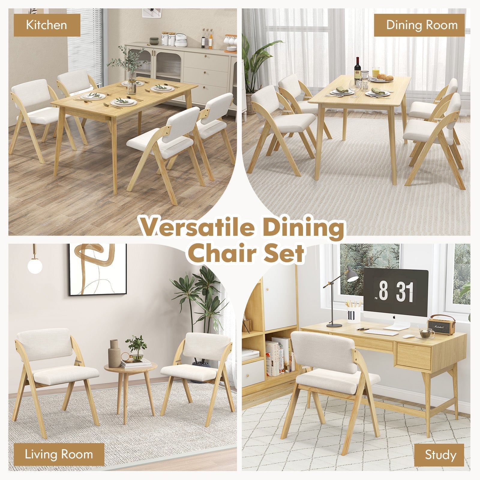 Set of 2 Folding Kitchen Dining Chairs with Rubber Wood Legs