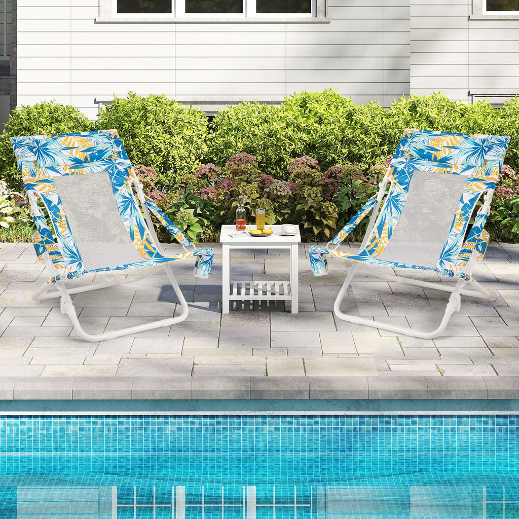 Folding Low Beach Chair Set of 2 Patio Sling Chairs with Padded Head Pillow