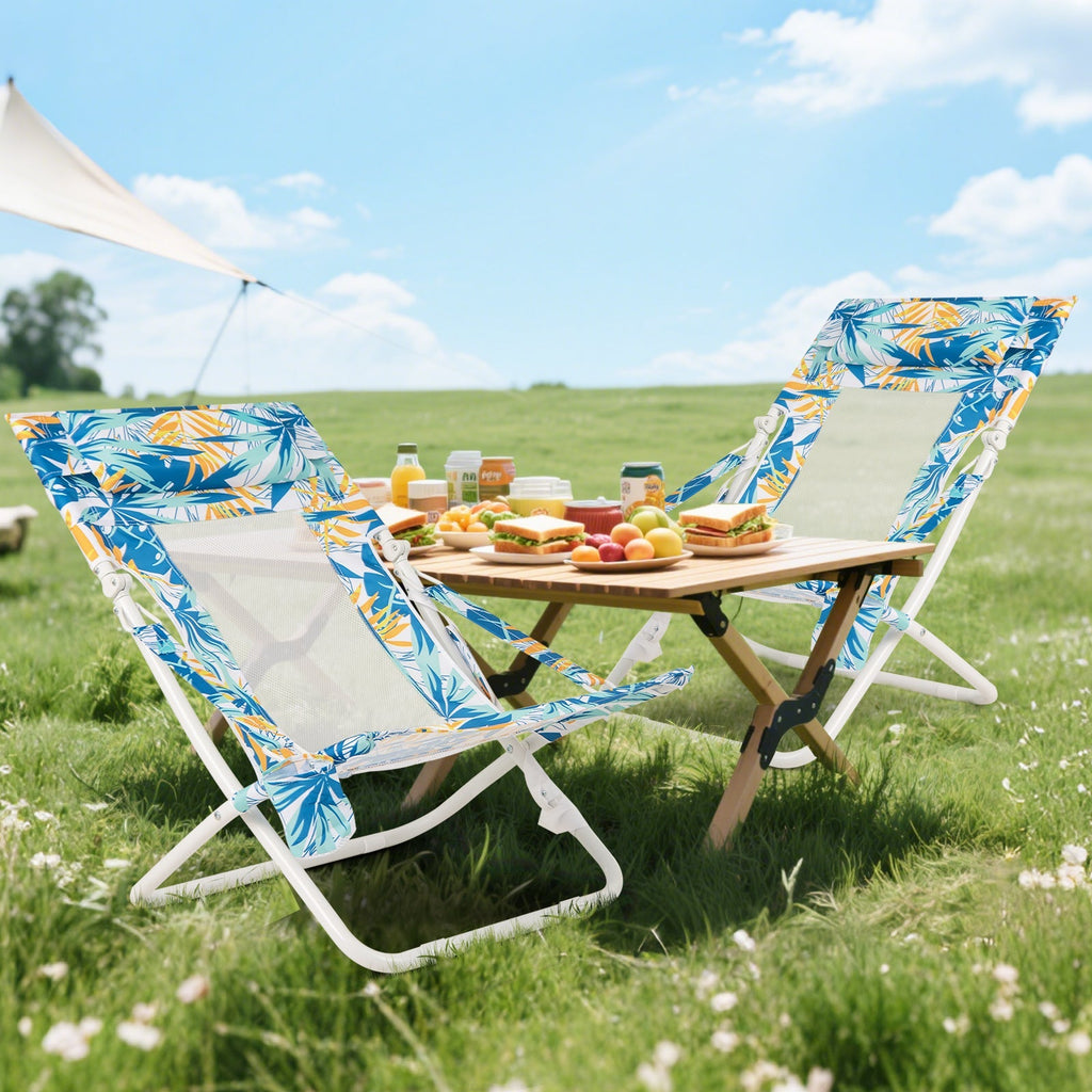 Folding Low Beach Chair Set of 2 Patio Sling Chairs with Padded Head Pillow