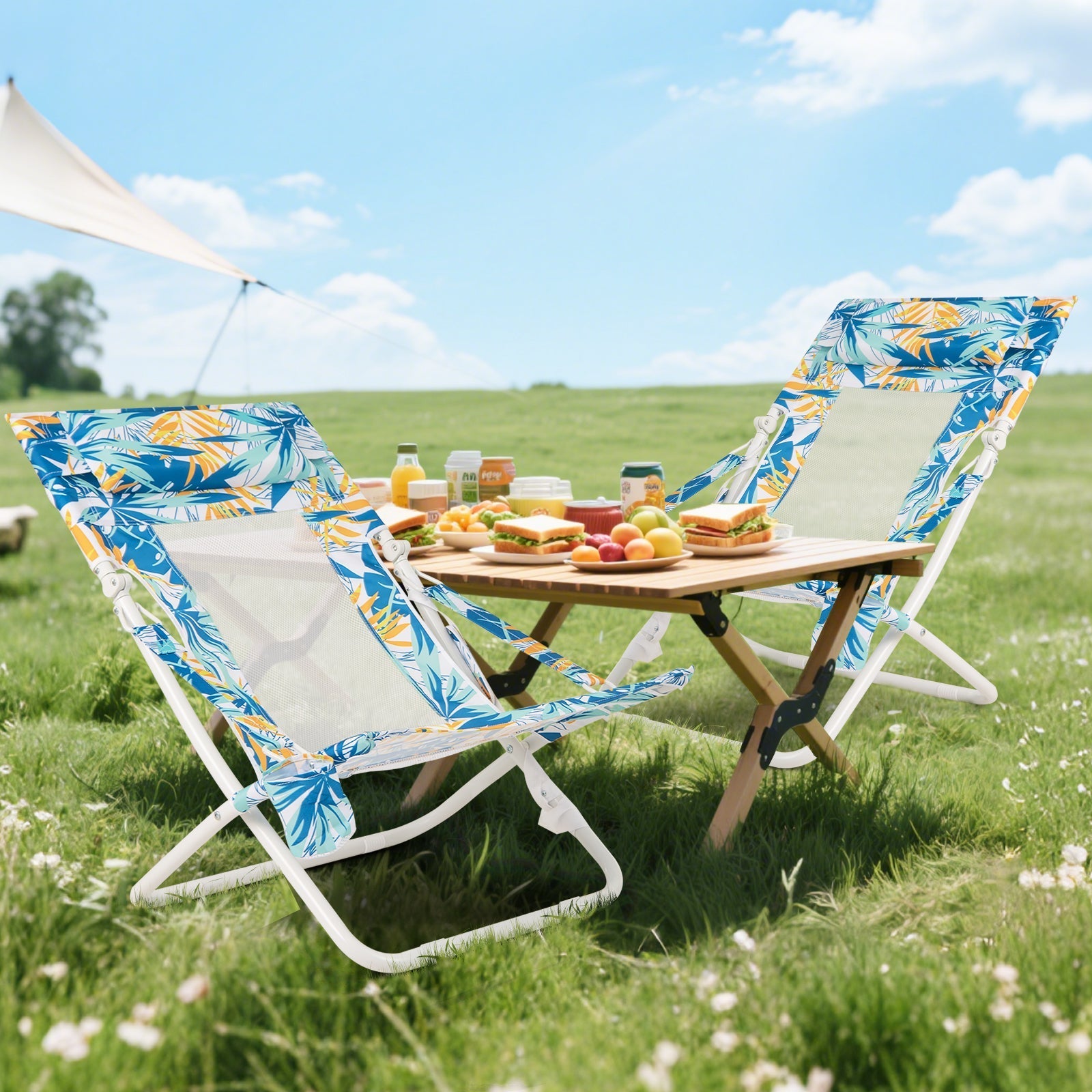 Folding Low Beach Chair Set of 2 Patio Sling Chairs with Padded Head Pillow