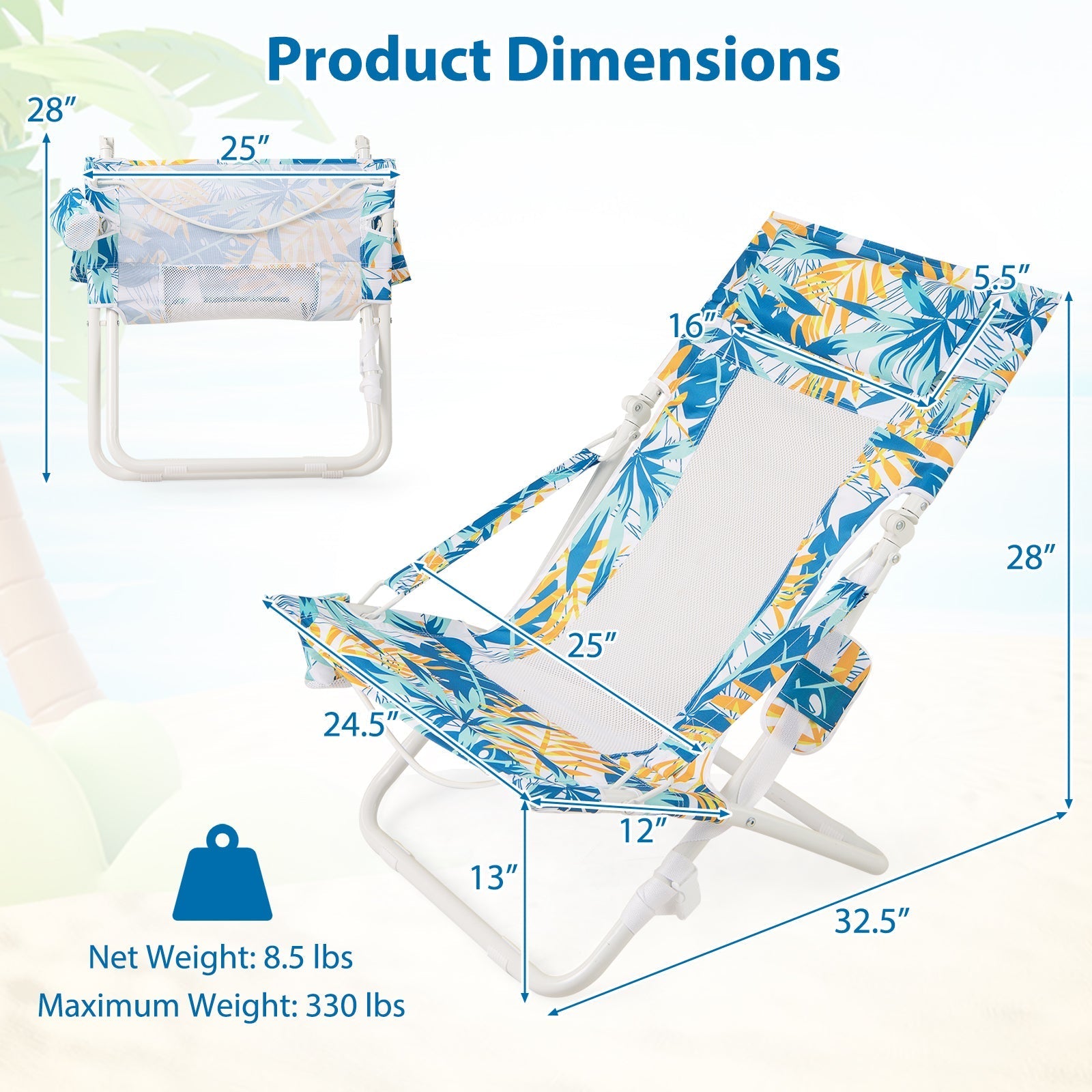 Folding Low Beach Chair Set of 2 Patio Sling Chairs with Padded Head Pillow