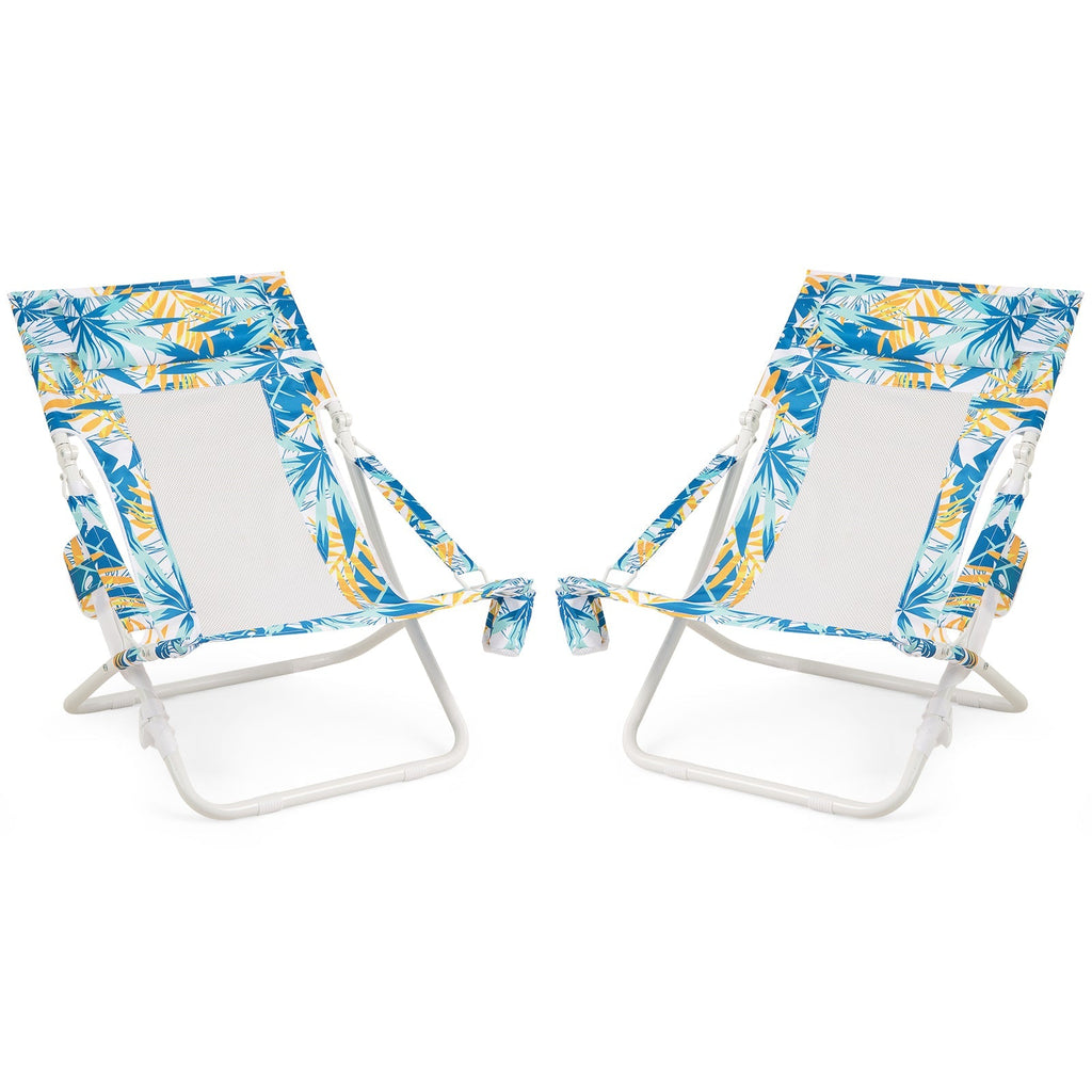 Folding Low Beach Chair Set of 2 Patio Sling Chairs with Padded Head Pillow