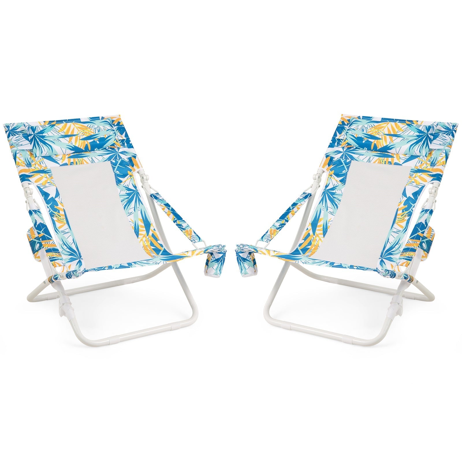 Folding Low Beach Chair Set of 2 Patio Sling Chairs with Padded Head Pillow