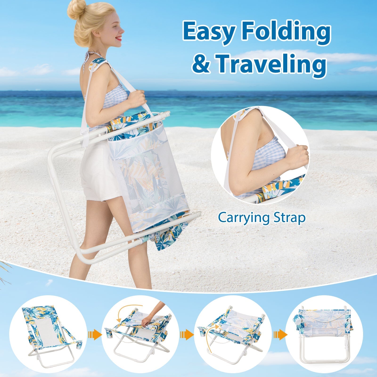 Folding Low Beach Chair Set of 2 Patio Sling Chairs with Padded Head Pillow