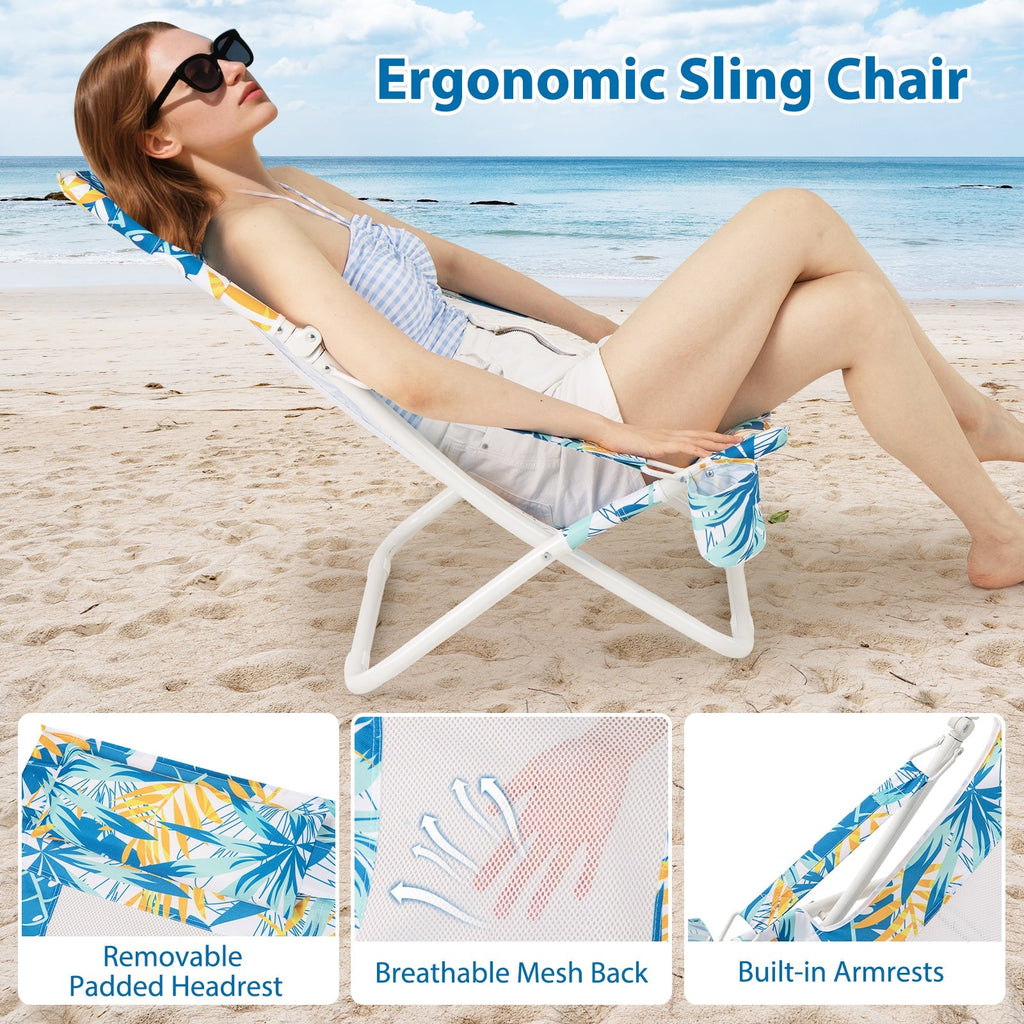 Folding Low Beach Chair Set of 2 Patio Sling Chairs with Padded Head Pillow