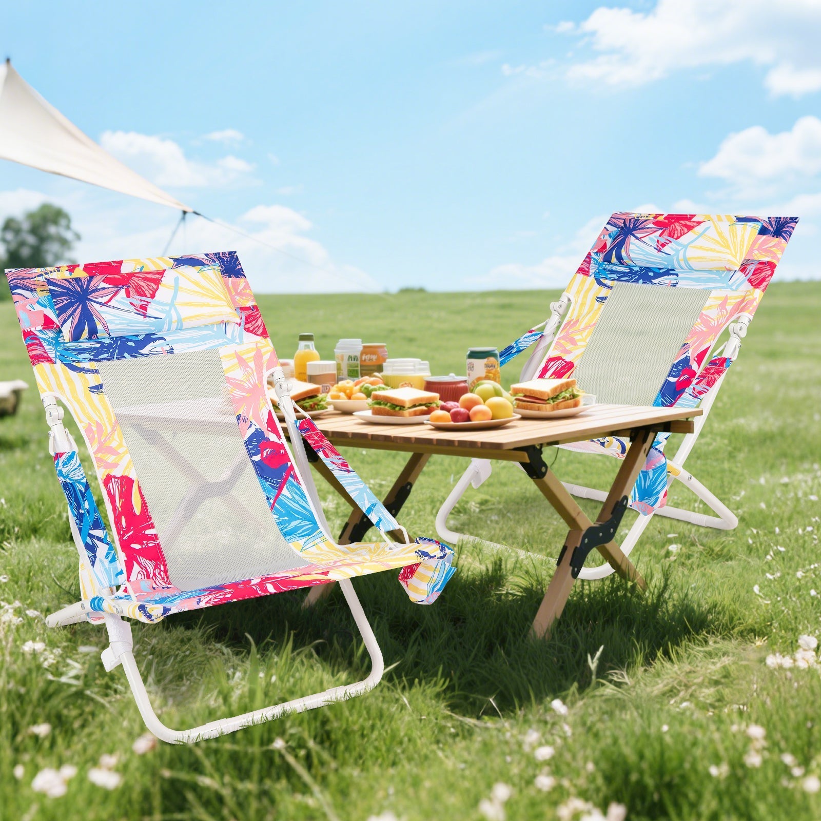 Folding Low Beach Chair Set of 2 Patio Sling Chairs with Padded Head Pillow