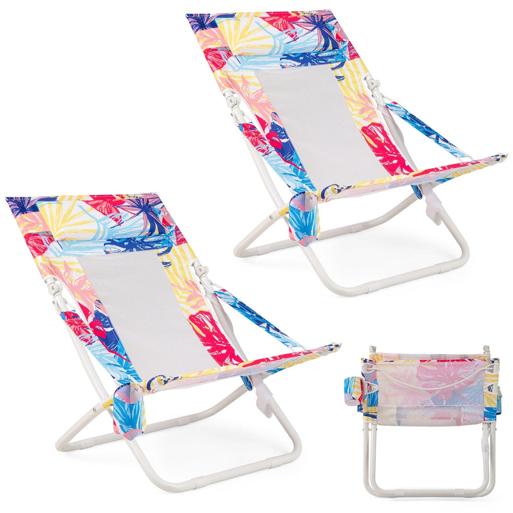 Folding Low Beach Chair Set of 2 Patio Sling Chairs with Padded Head Pillow