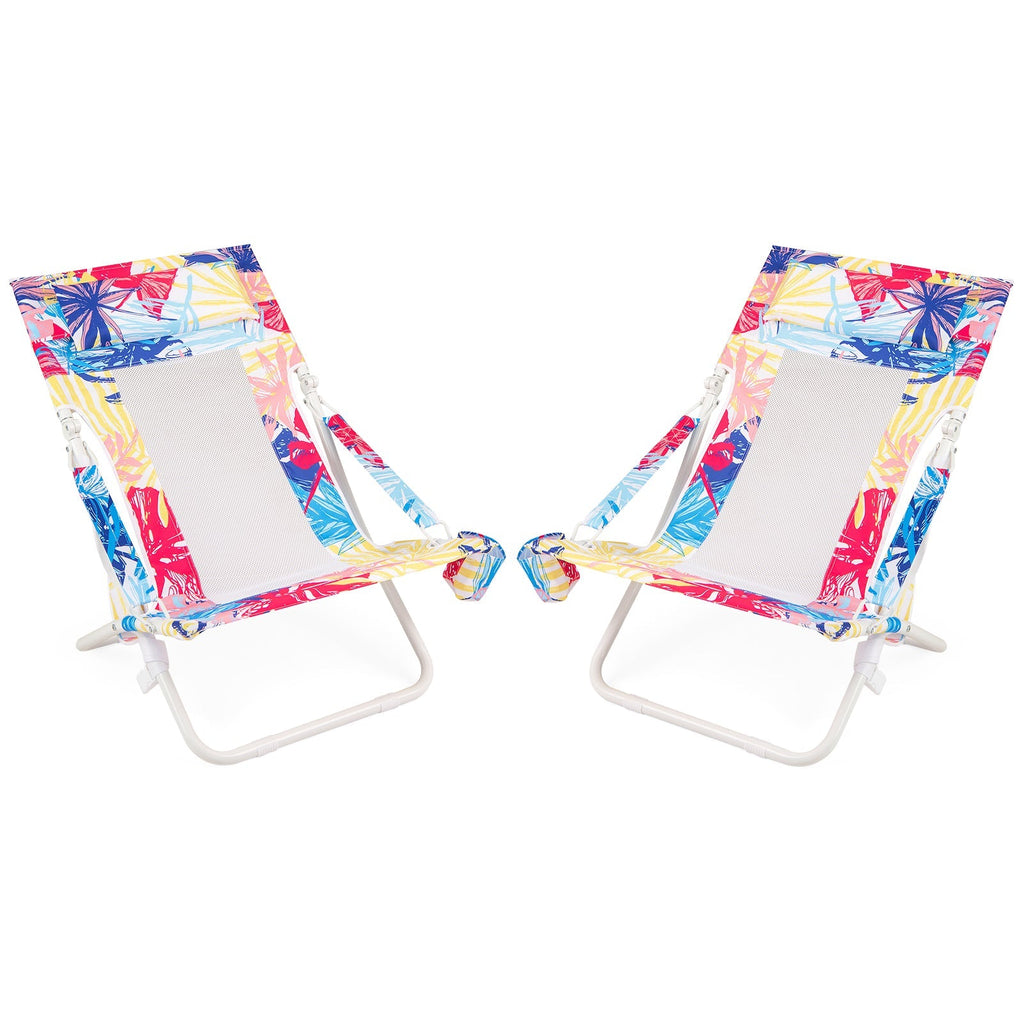 Folding Low Beach Chair Set of 2 Patio Sling Chairs with Padded Head Pillow