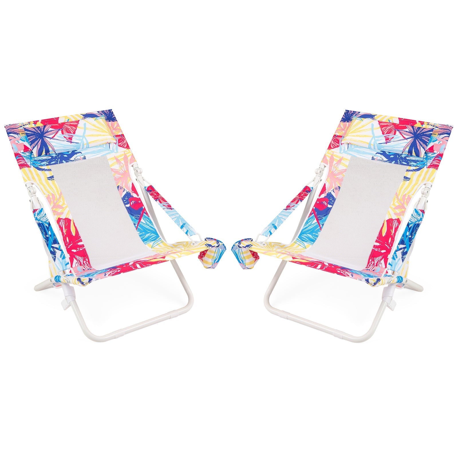 Folding Low Beach Chair Set of 2 Patio Sling Chairs with Padded Head Pillow