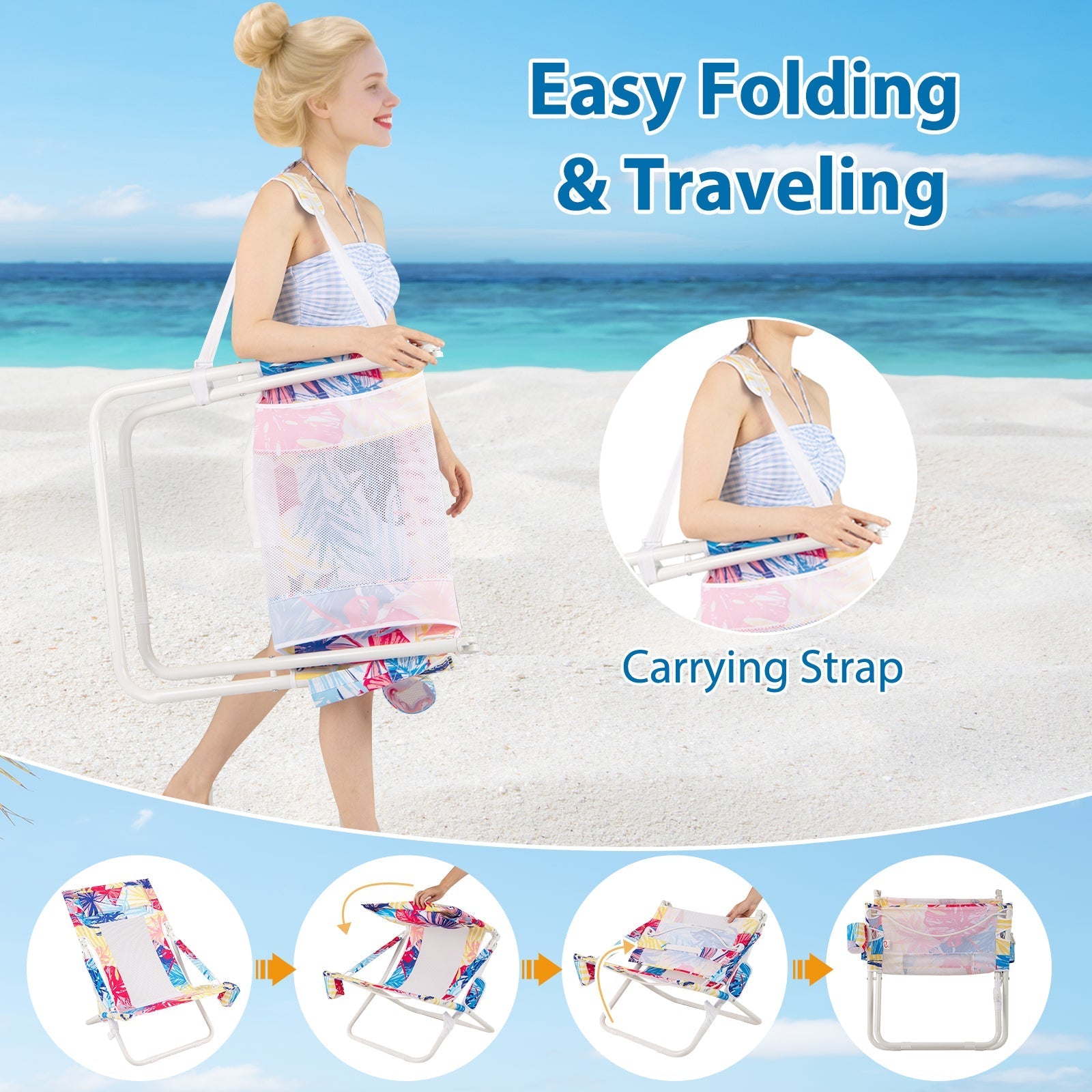 Folding Low Beach Chair Set of 2 Patio Sling Chairs with Padded Head Pillow