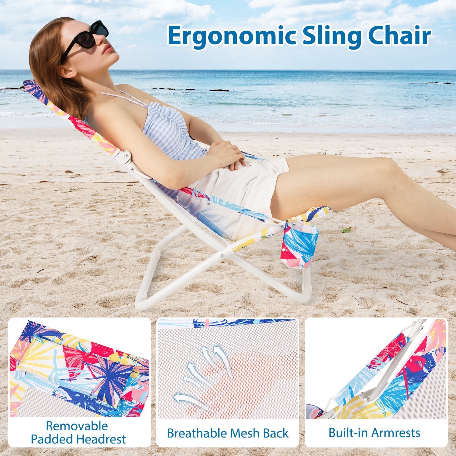 Folding Low Beach Chair Set of 2 Patio Sling Chairs with Padded Head Pillow