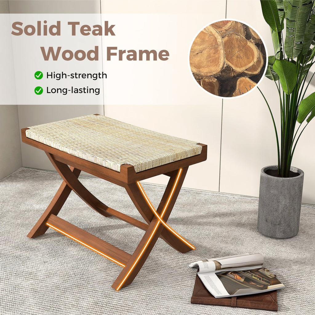 Folding Natural Rattan Ottoman with Hand-woven Seat