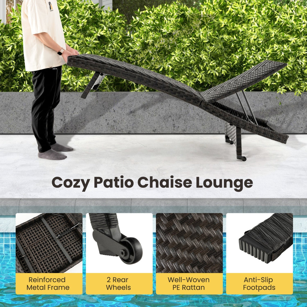 Folding Rattan Chaise Lounge Set of 2 with Adjustable Backrest