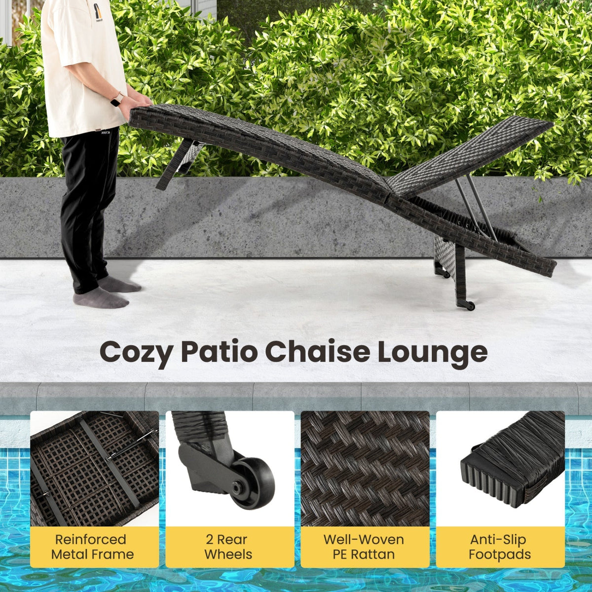 Folding Rattan Chaise Lounge Set of 2 with Adjustable Backrest