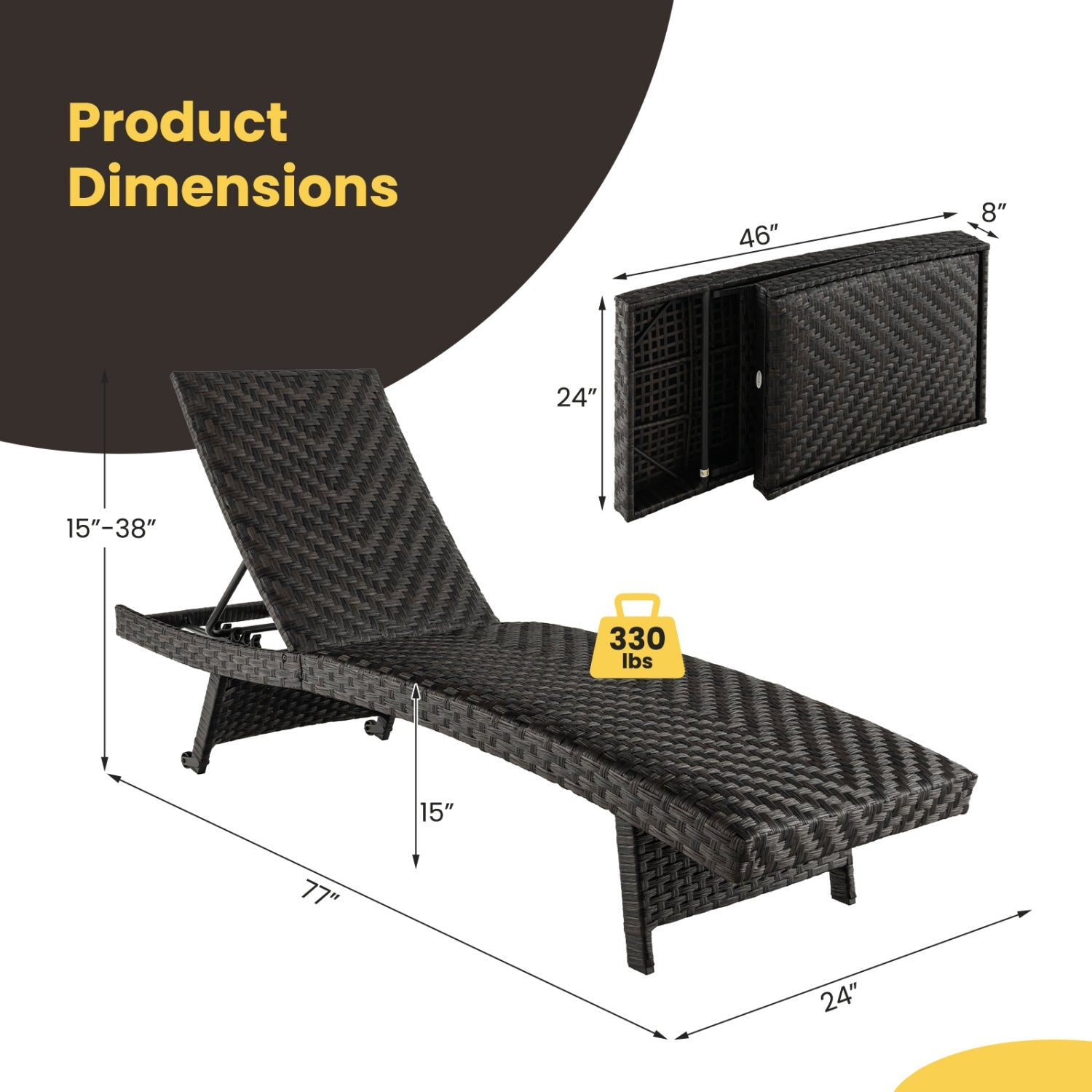 Folding Rattan Chaise Lounge Set of 2 with Adjustable Backrest