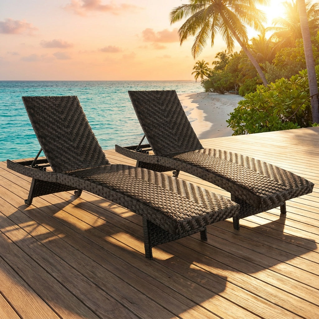 Folding Rattan Chaise Lounge Set of 2 with Adjustable Backrest