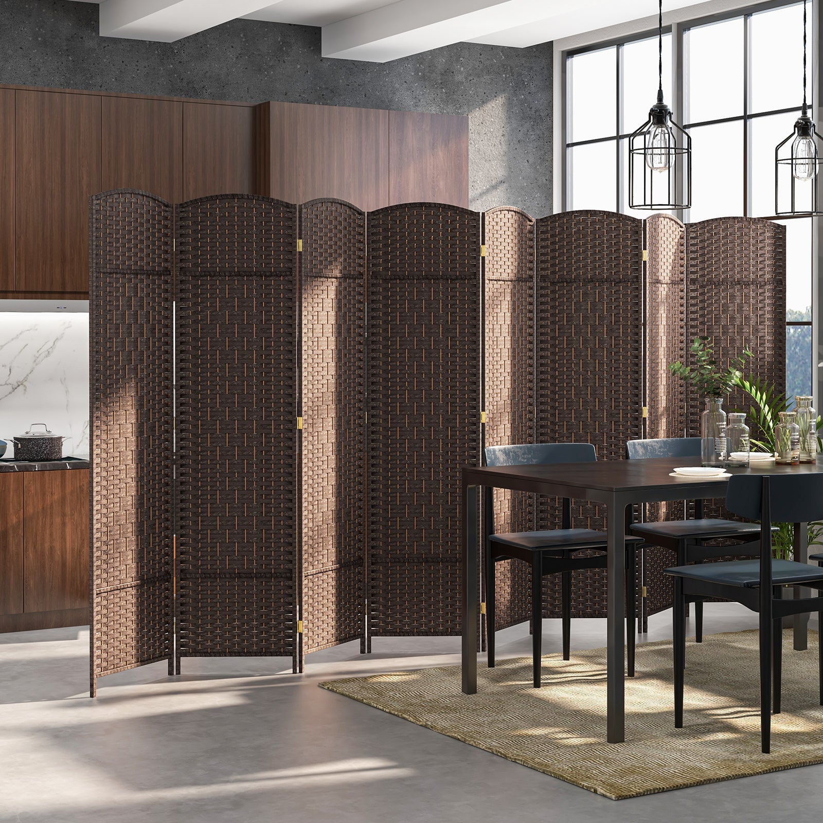 8-Panel Folding Room Divider with Hand-Woven Texture and Solid Wood Frame