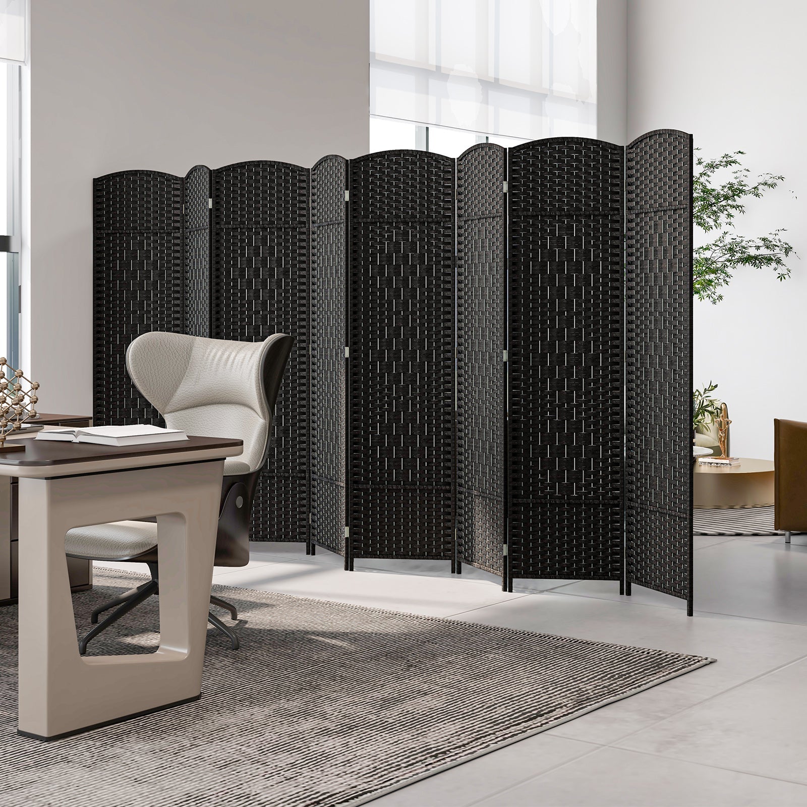 8-Panel Folding Room Divider with Hand-Woven Texture and Solid Wood Frame