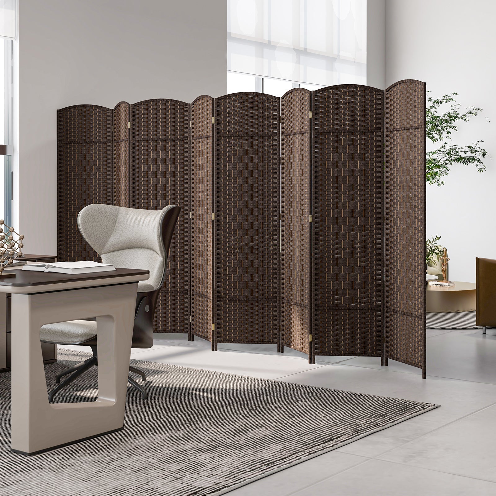 8-Panel Folding Room Divider with Hand-Woven Texture and Solid Wood Frame