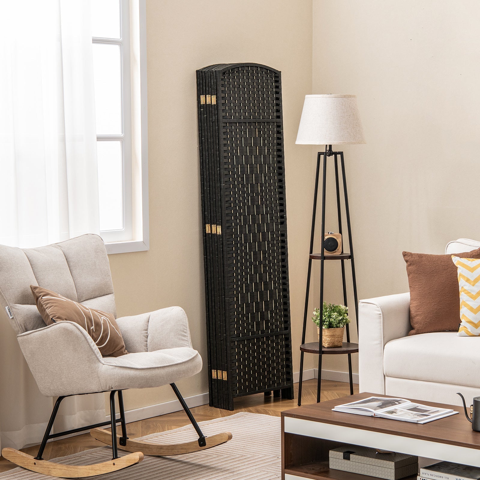 8-Panel Folding Room Divider with Hand-Woven Texture and Solid Wood Frame