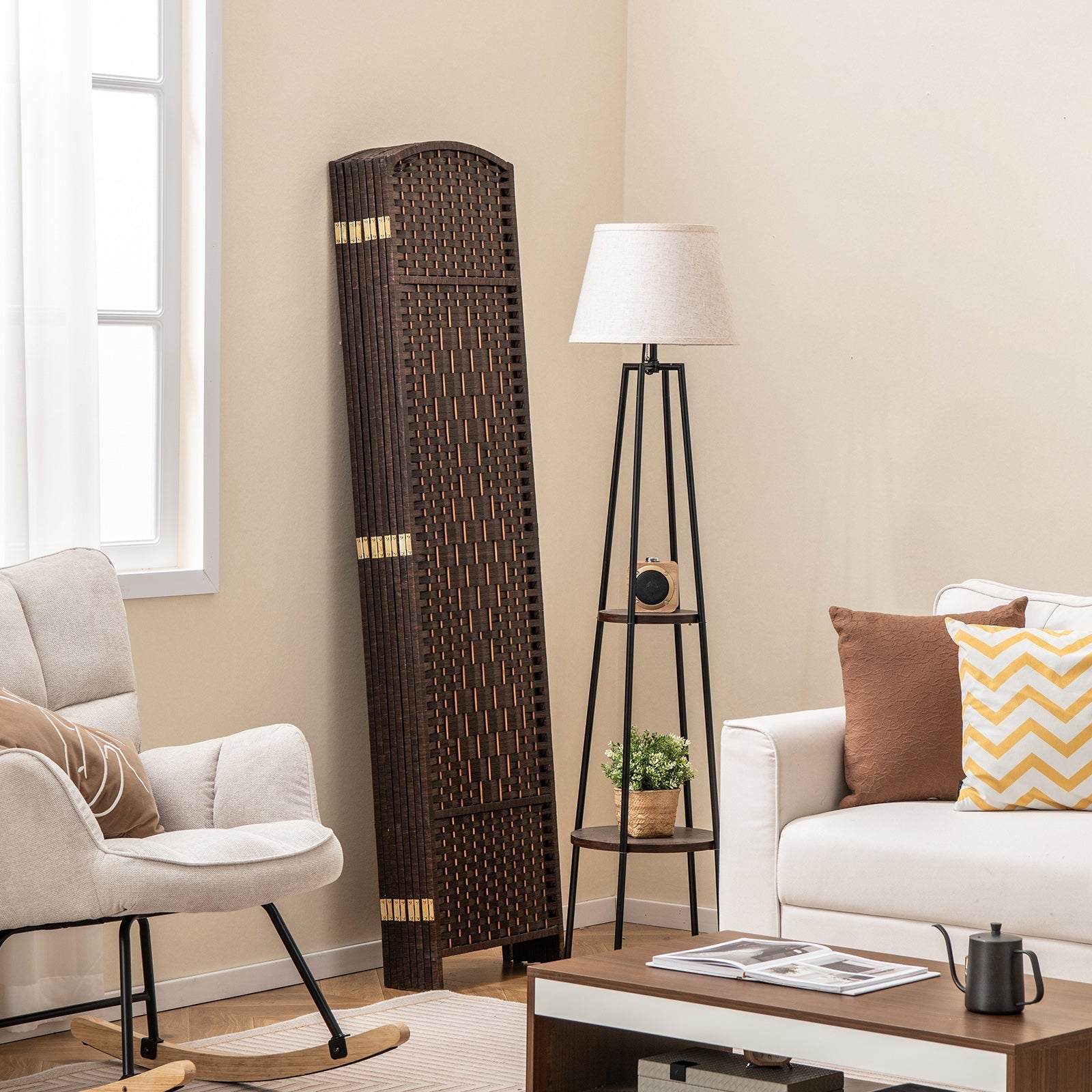 8-Panel Folding Room Divider with Hand-Woven Texture and Solid Wood Frame