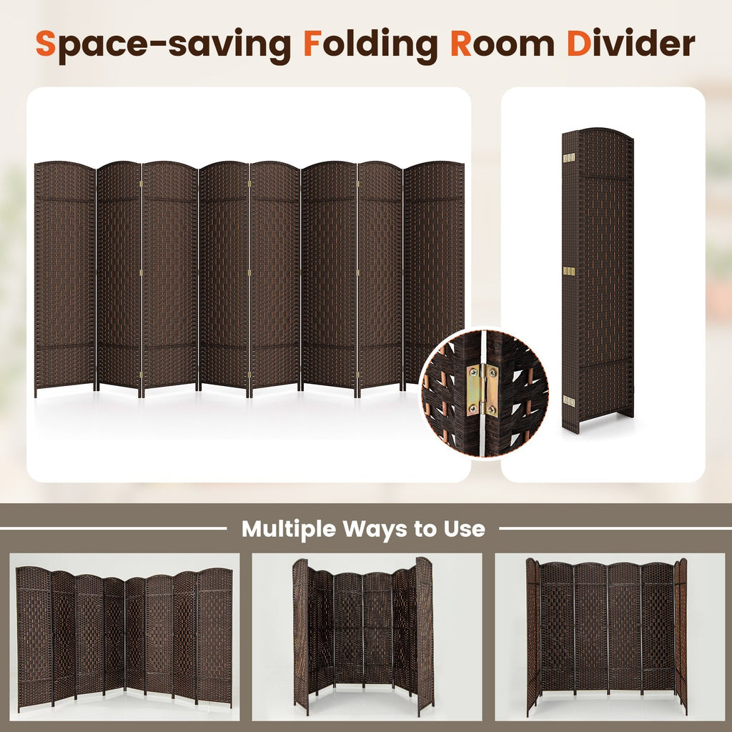8-Panel Folding Room Divider with Hand-Woven Texture and Solid Wood Frame