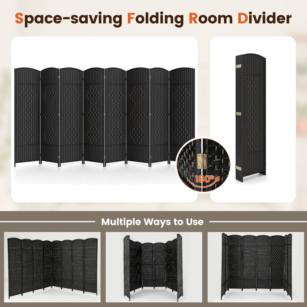 8-Panel Folding Room Divider with Hand-Woven Texture and Solid Wood Frame