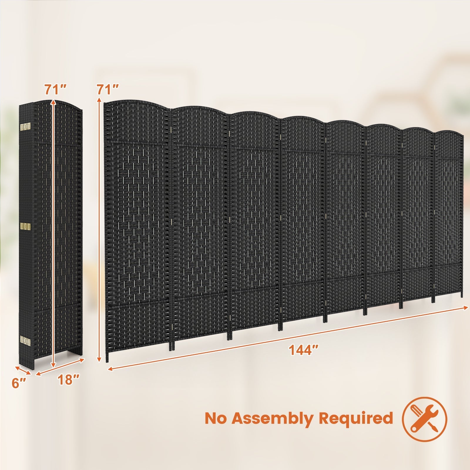 8-Panel Folding Room Divider with Hand-Woven Texture and Solid Wood Frame