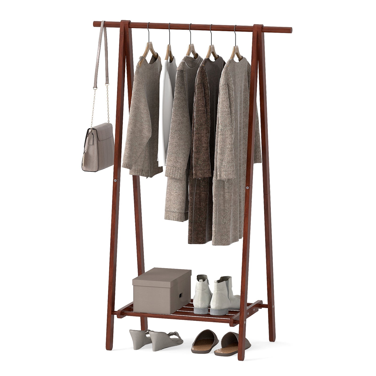 Folding Rubber Wood Clothes Hanging Rack Standing Garment Rack with Bottom Storage Shelf-Walnut