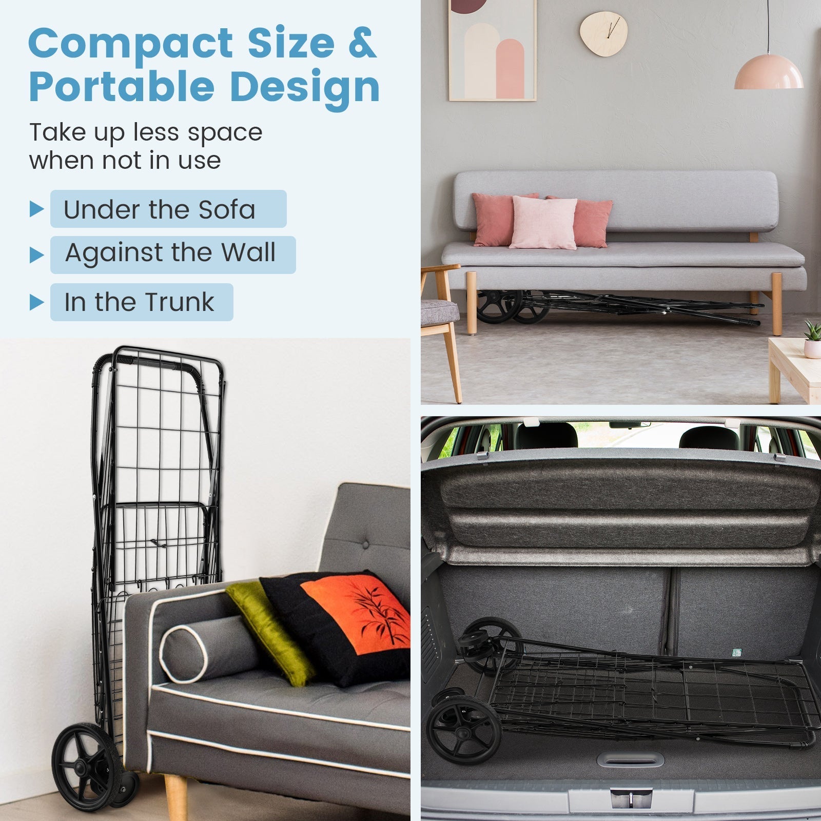 Folding Shopping Cart for Laundry with Swiveling Wheels and Dual Storage Baskets