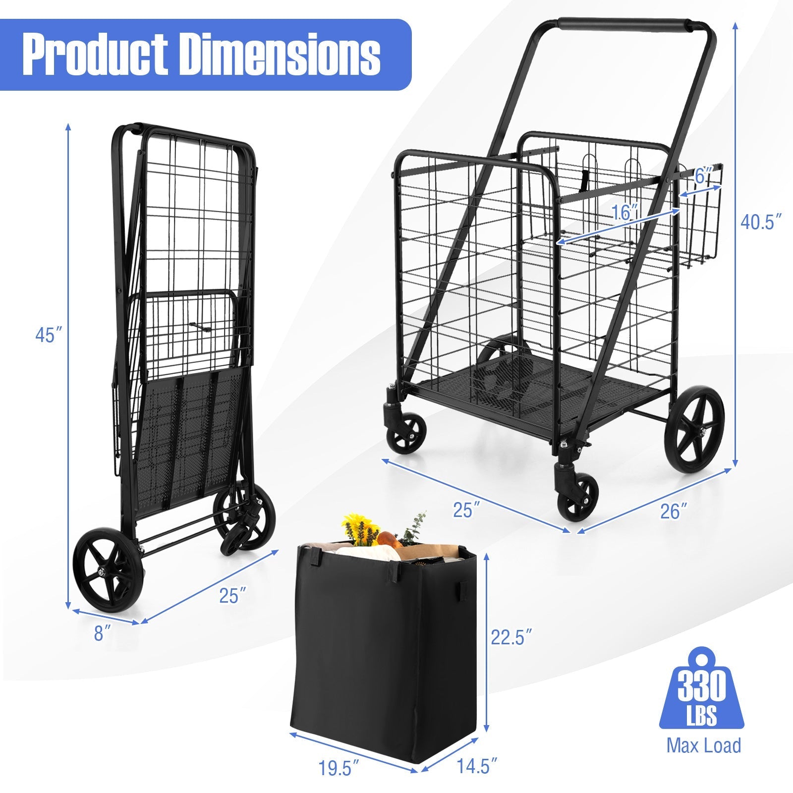 Folding Shopping Cart with Waterproof Liner Wheels and Basket