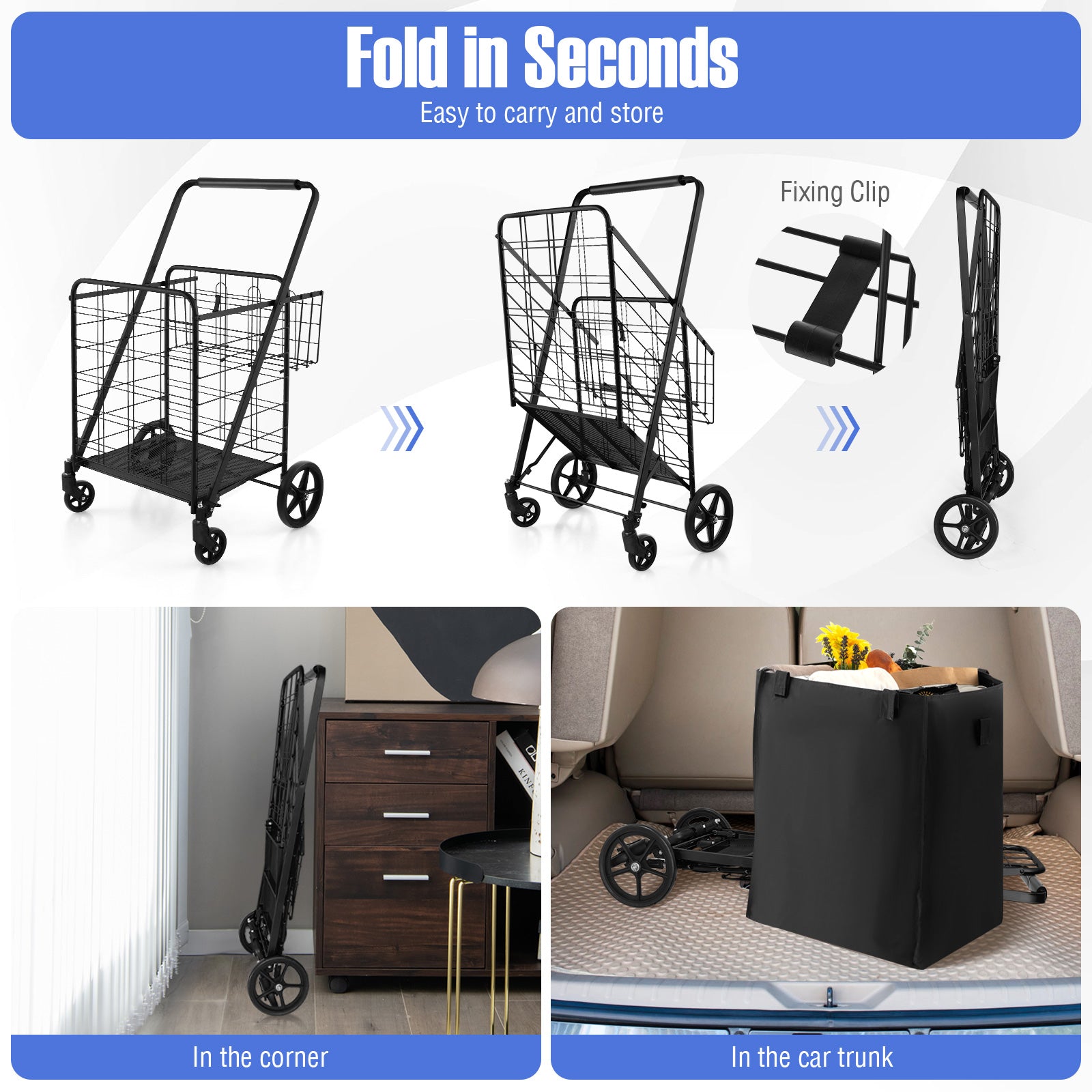 Folding Shopping Cart with Waterproof Liner Wheels and Basket