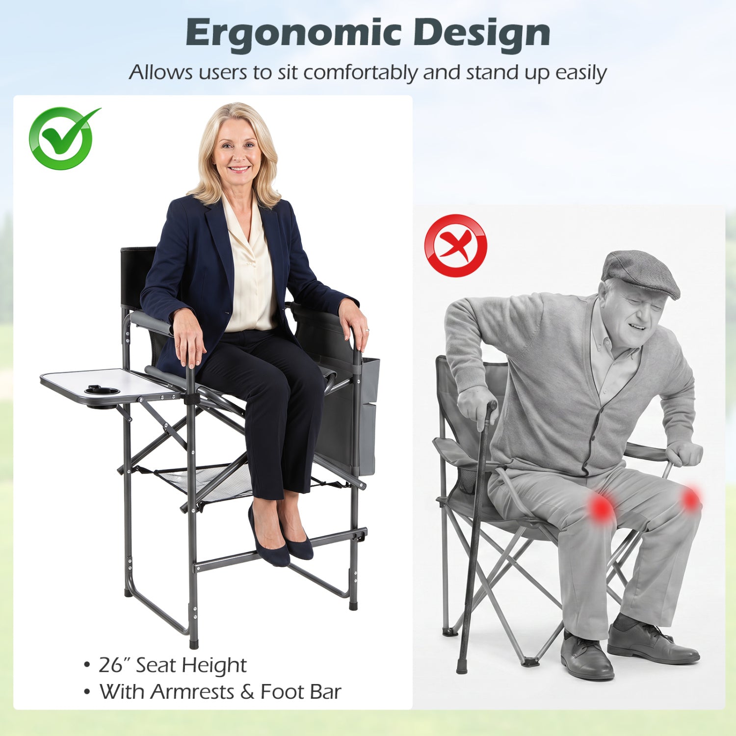 Tall Director Chair 26" Seat Height with Side Table
