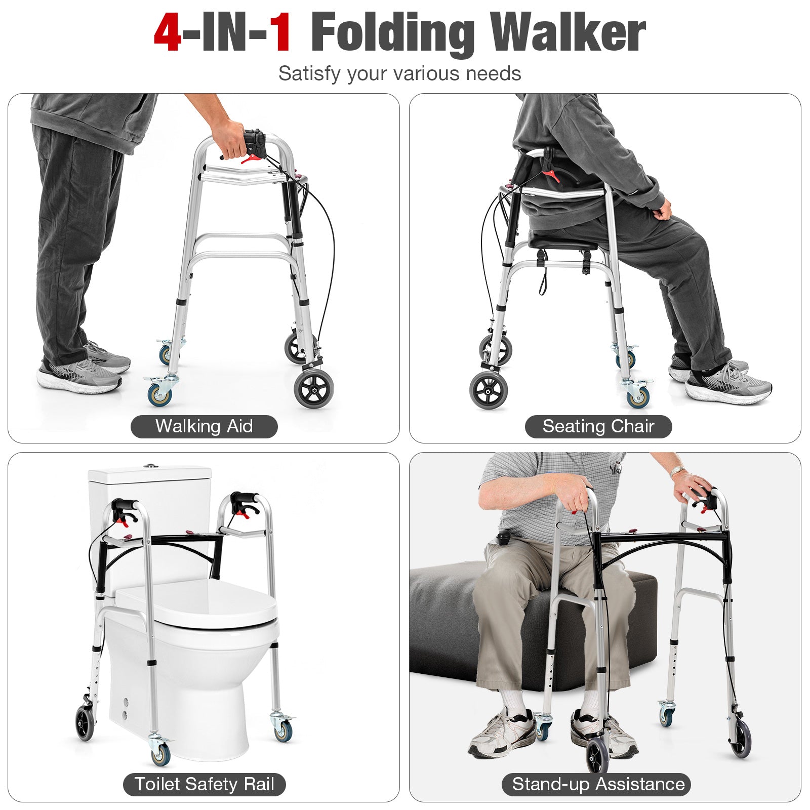 Adjustable Aluminum Walker with Wheels and Brakes