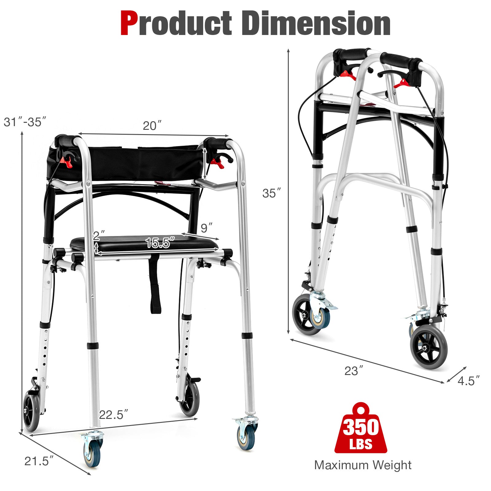Adjustable Aluminum Walker with Wheels and Brakes