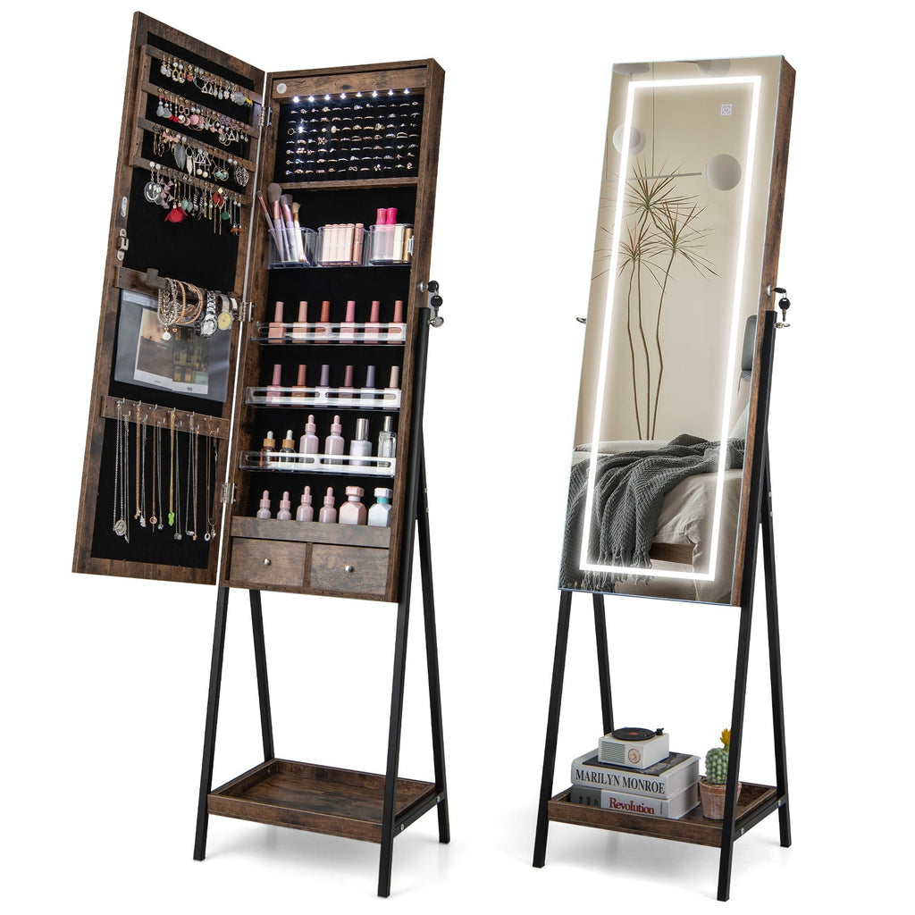 LED Standing Jewelry Mirror Cabinet with 3-Color Lighted Full-Length Mirror