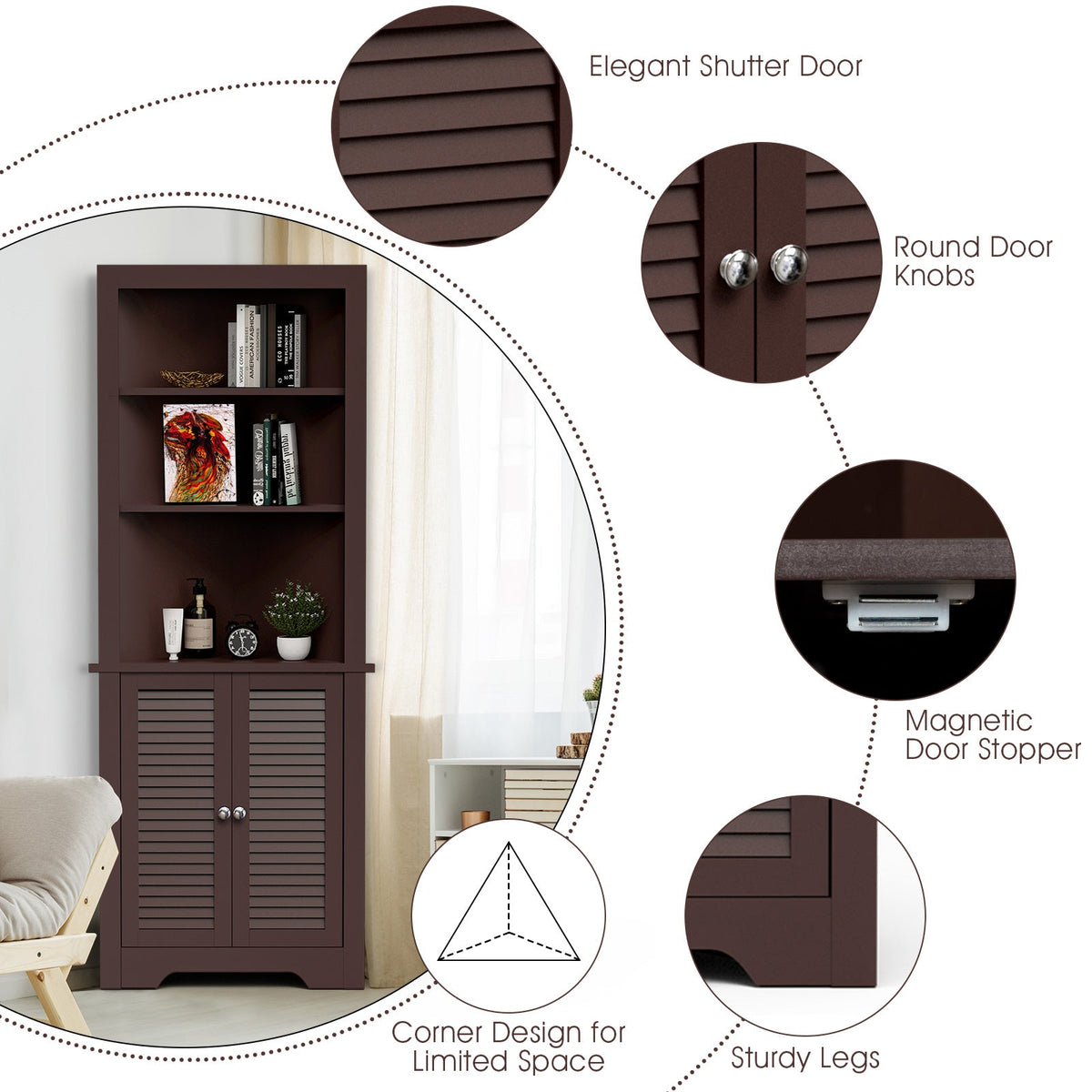 Free Standing Tall Bathroom Corner Storage Cabinet with 3 Shelves