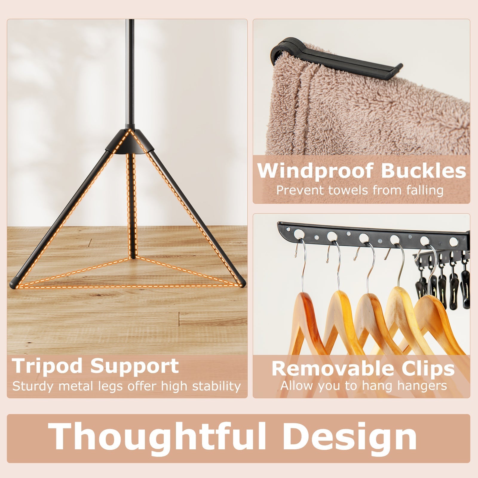 3-Tier Tripod Freestanding Folding Clothes Drying Rack with 24 Clips-Black
