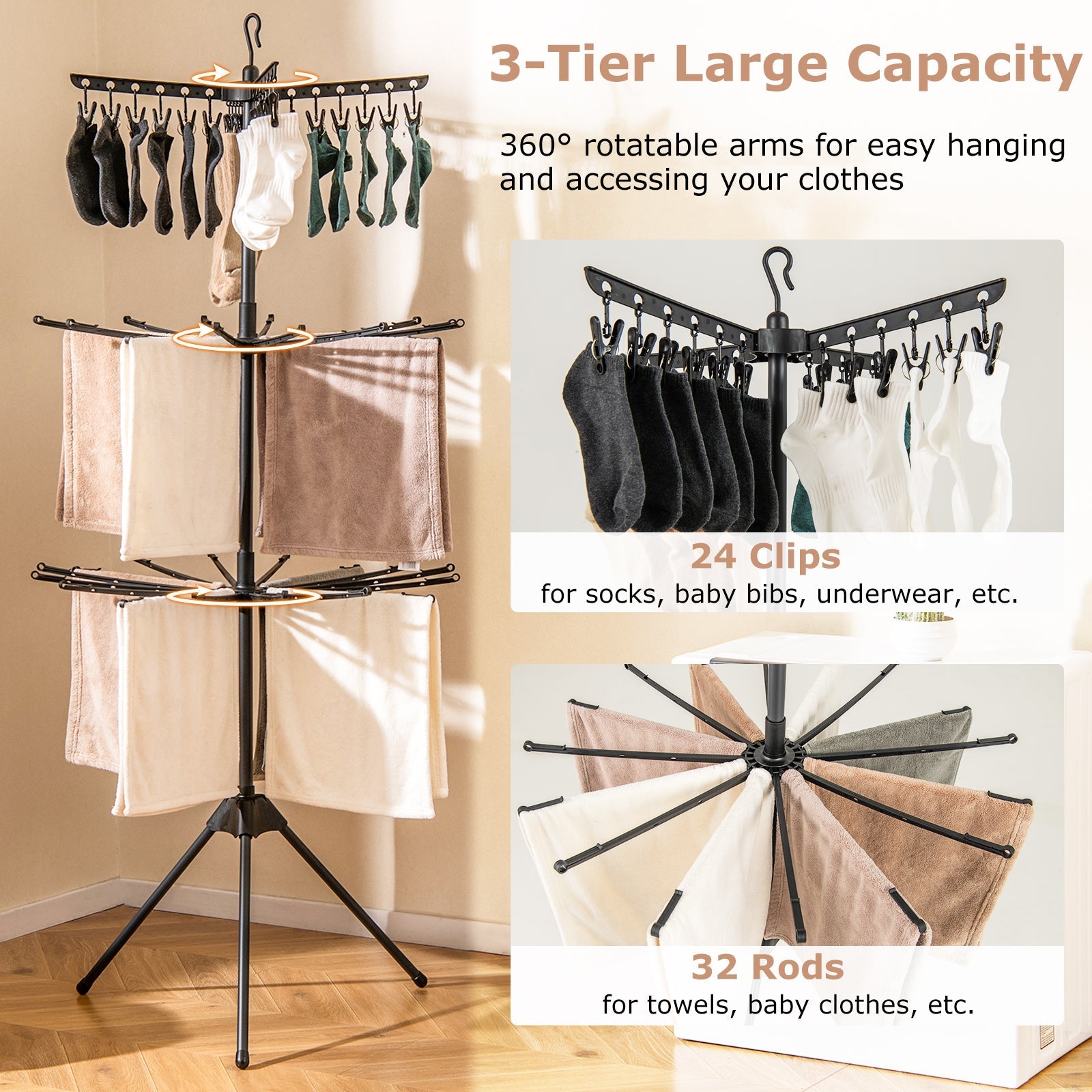 3-Tier Tripod Freestanding Folding Clothes Drying Rack with 24 Clips-Black