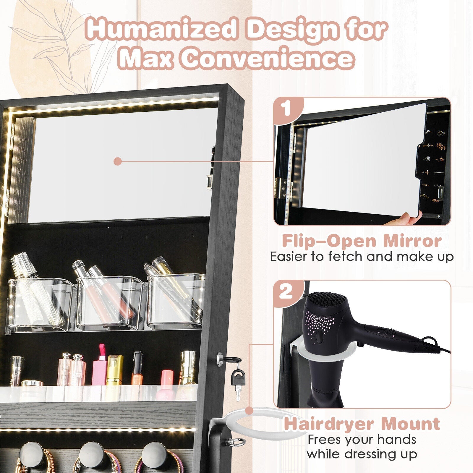 Freestanding Jewelry Cabinet with Full Length HD Mirror