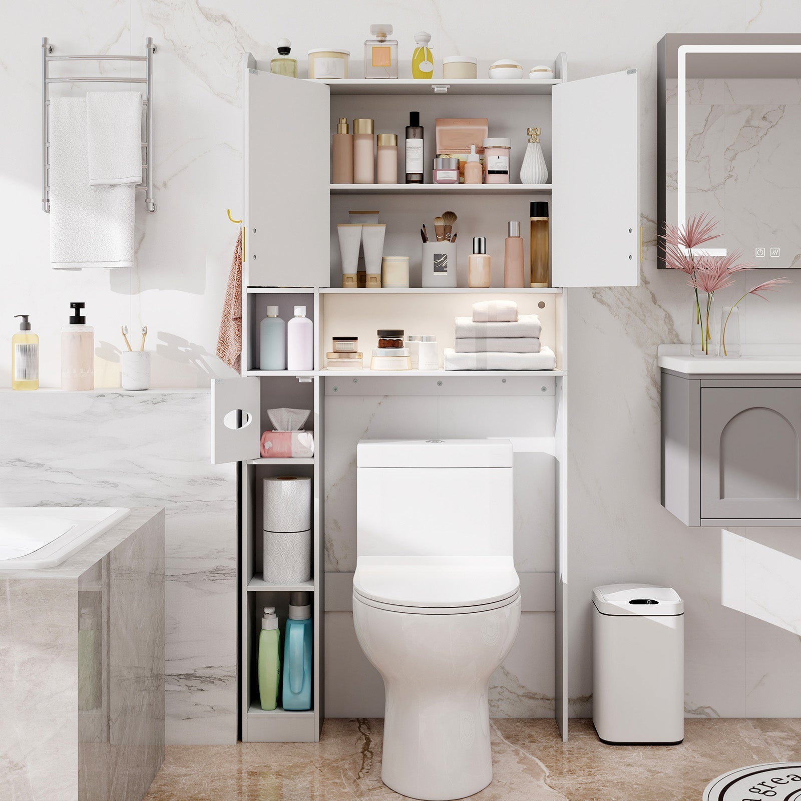 Freestanding Storage Cabinet Above Toilet with 2-Door Cabinet-White
