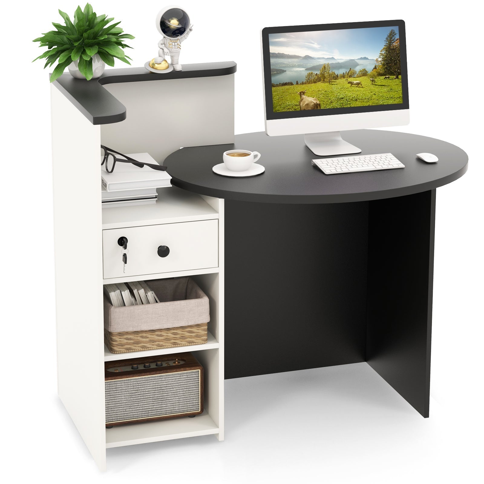 Front Reception Office Desk with Open Shelf and Lockable Drawer