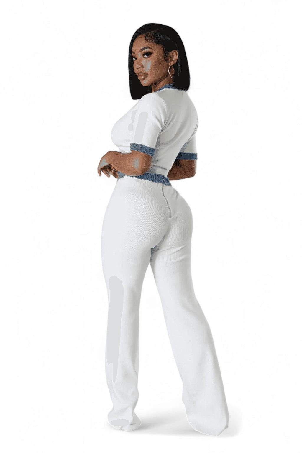 Two Piece Knit Pants Set with Denim Trim