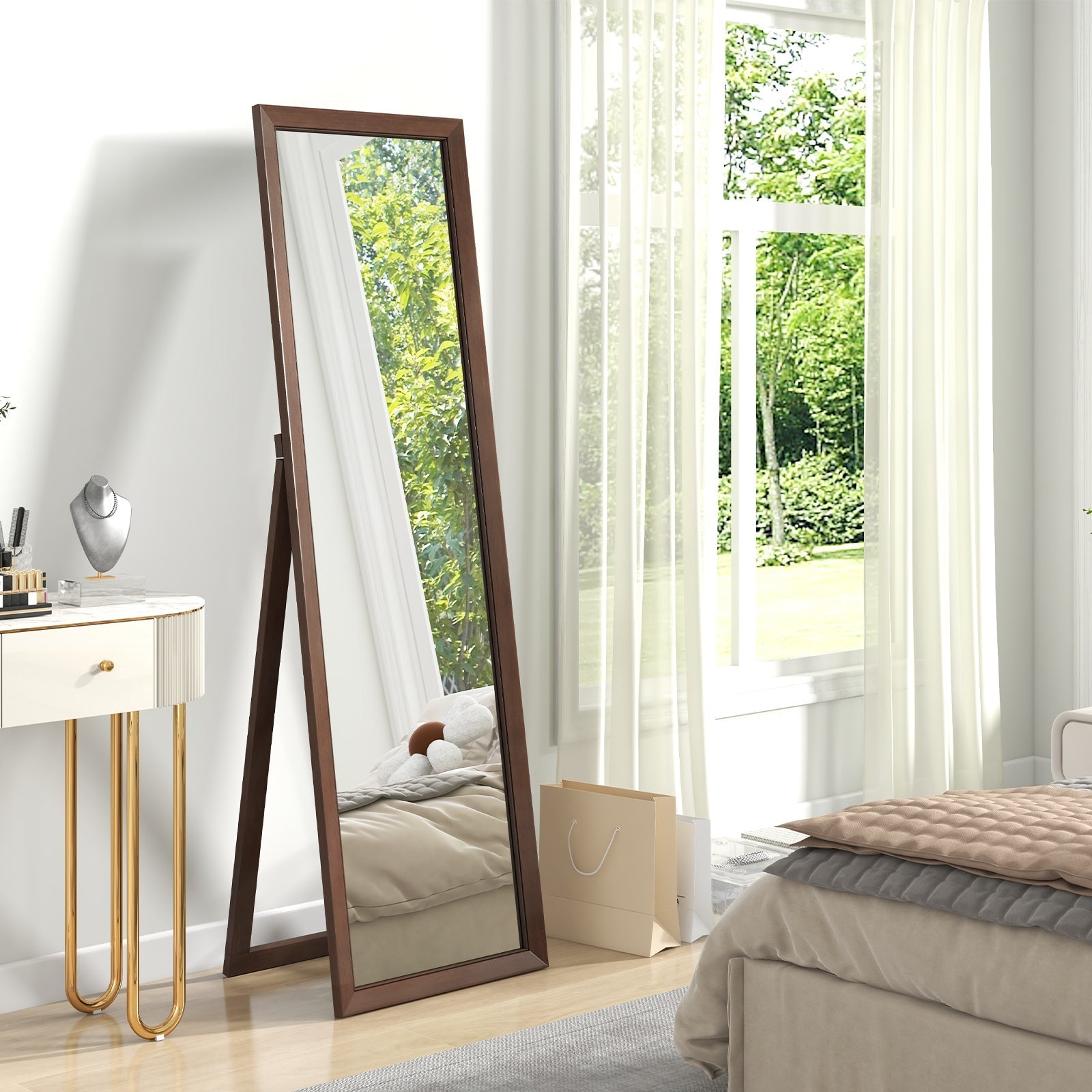 Full Length Mirror with Stand and Solid Wood Frame