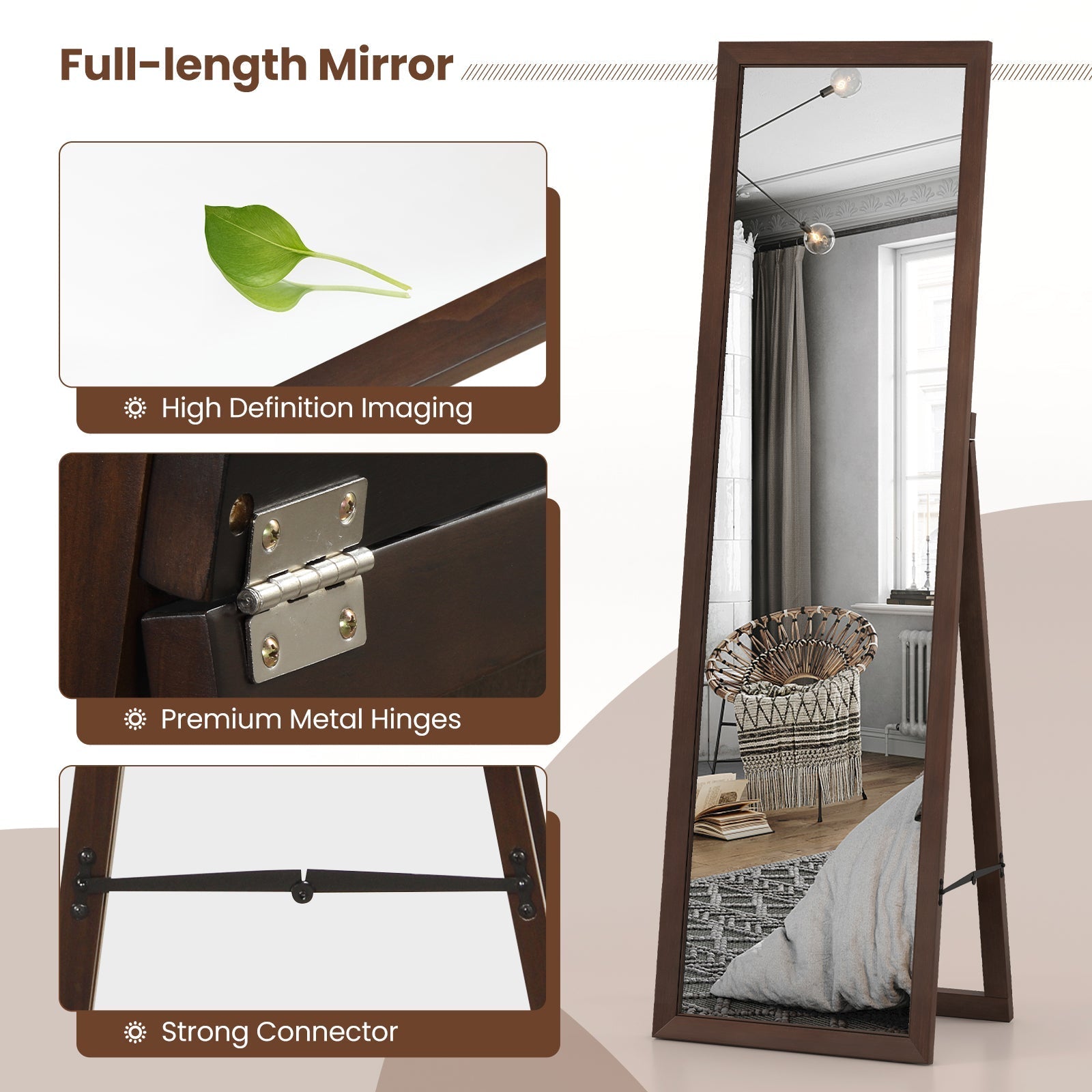 Full Length Mirror with Stand and Solid Wood Frame