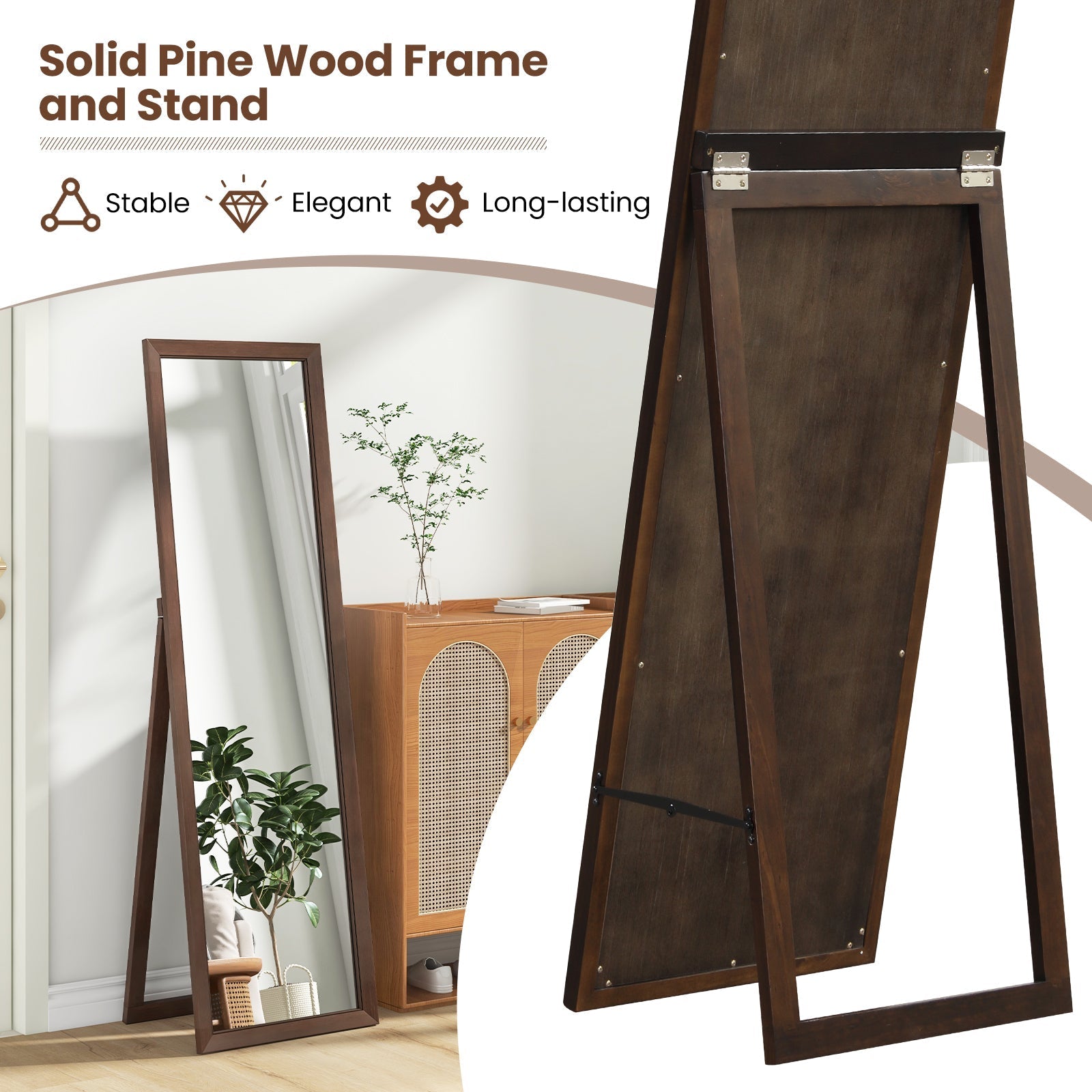 Full Length Mirror with Stand and Solid Wood Frame