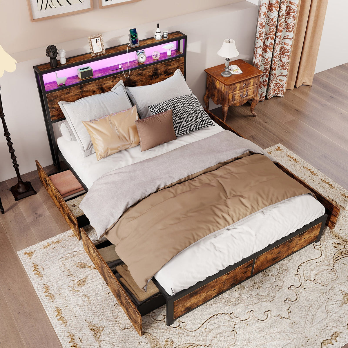 Full/Queen Size LED Bed Frame with Charging Station and 4 Storage Drawers