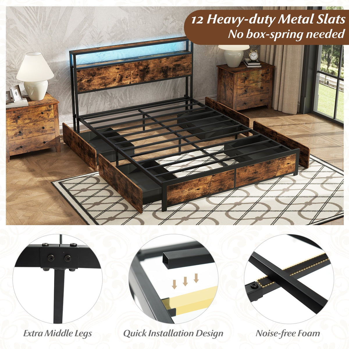 Full/Queen Size LED Bed Frame with Charging Station and 4 Storage Drawers